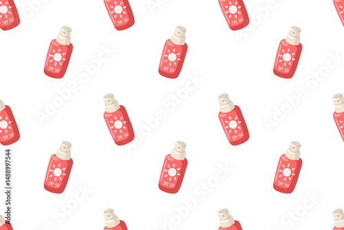 Seamless pattern with cartoon SPF 50 sunscreen bottles. Cartoon style. Summer skin care vector background 