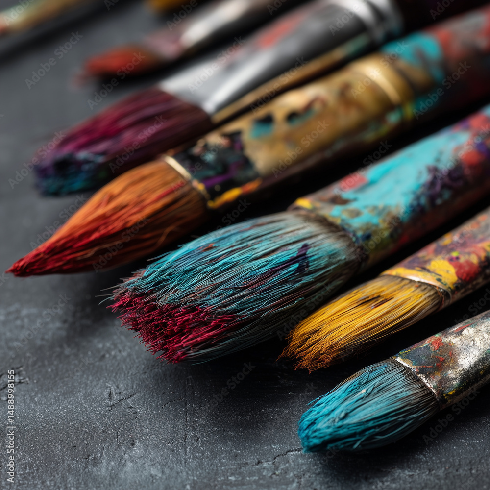 Fototapeta premium Closeup of Colorful Paintbrushes with Paint on a Dark Surface
