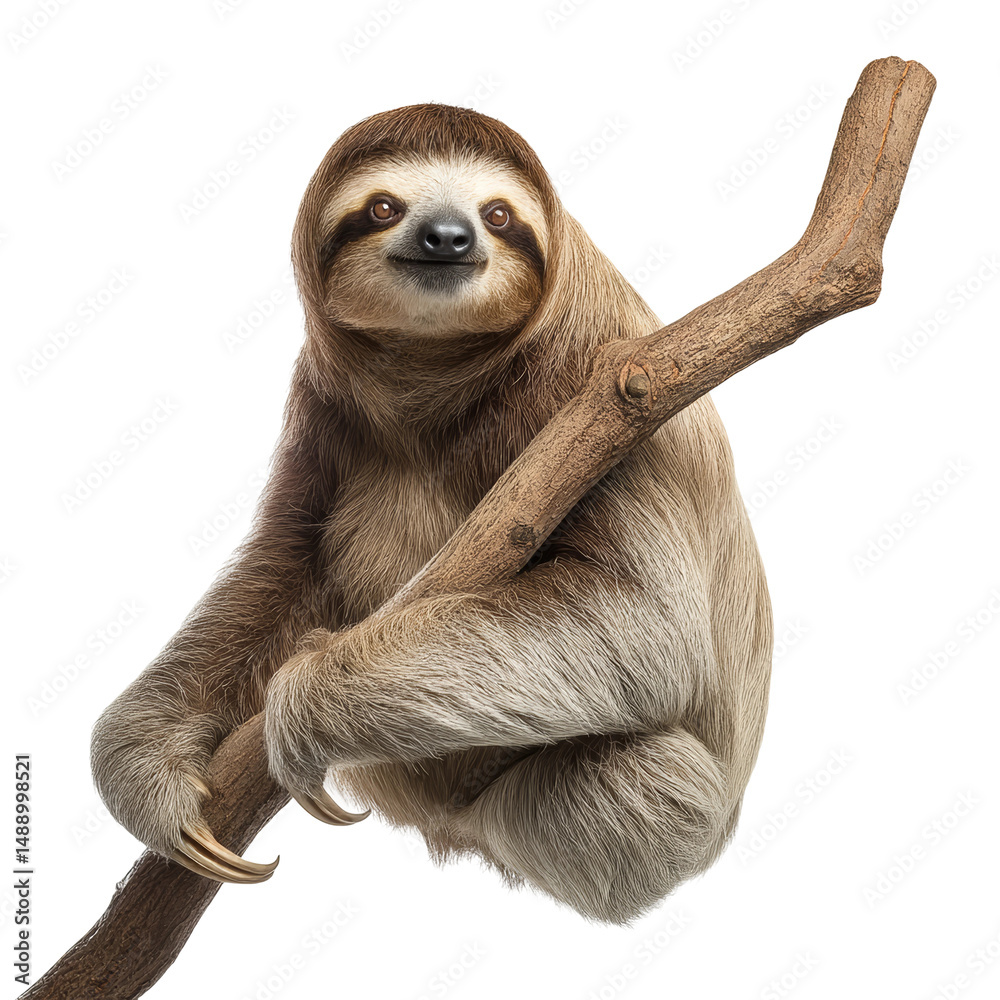 Naklejka premium A sloth rests on a branch, displaying its natural environment and slow-moving habits. It presents a calm, happy demeanor while engaging with its surroundings.