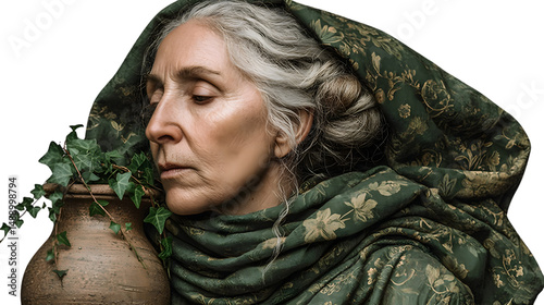 Closeup portrait of a mature woman with gray hair wearing a patterned shawl and holding a pla