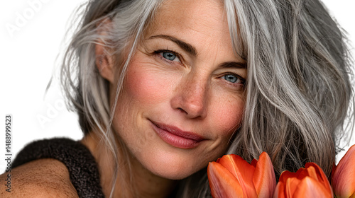 Closeup portrait of a woman with gray hair and tulips