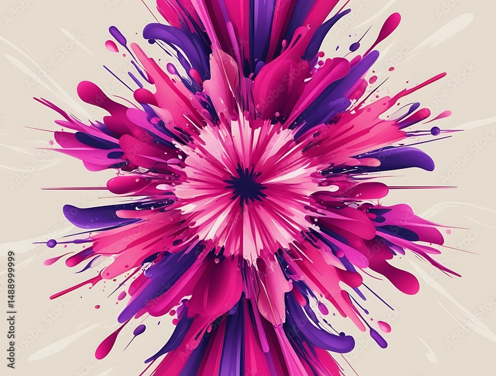 Obraz premium Bold symmetrical abstract design in bright pink and purple tones resembling a blooming flower, ideal for wallpaper, backdrop, creative projects, and contemporary decor