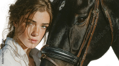 Closeup portrait of a young woman with freckles and a dark horse