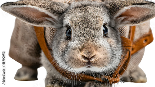 Closeup portrait of an adorable rabbit wearing a harness