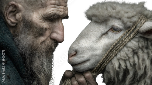 Closeup portrait of an elderly man with a long beard holding a sheep