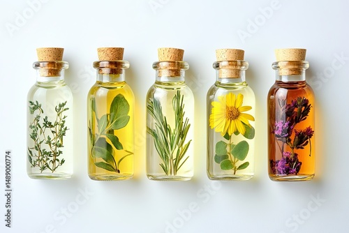 A row of five glass bottles filled with various essential oils, each bottle displaying different herbs and flowers inside, isolated on a white background