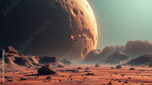 Alien Planet Landscape with Massive Cratered Moon and Red Desert Terrain