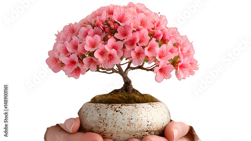 Delicate Pink Flowering Bonsai Tree in a Ceramic Pot Held Gently by Hands