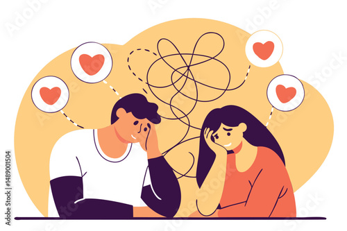 Couple struggling with relationship problems, confusion and miscommunication, emotional conflict vector illustration