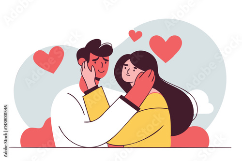 Romantic couple embracing with floating hearts, love and affection vector illustration, perfect for valentine's day, wedding invites, and relationship themes
