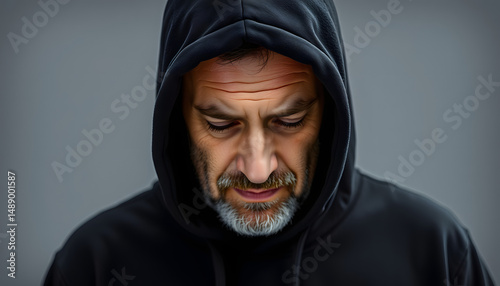 middle-aged man in a black hooded sweatshirt looks down - front view, mock up cropped image, close-up. White tone photo