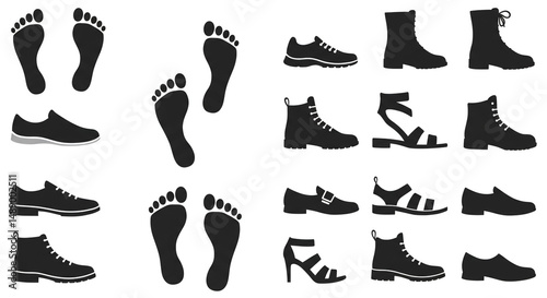Footwear Journey Black Shoes Footprints and Fashion Silhouette Icons Exploring Shoe Styles and
