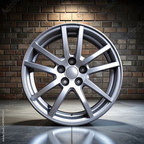 Modern silver alloy wheel against brick wall background