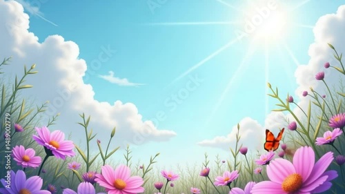 A vibrant scene with butterflies fluttering above a field of purple and pink flowers under a blue sky with fluffy clouds and radiant sunlight