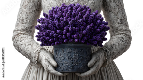 Elegant Hands Holding Purple Flowers in Ornate Pot
