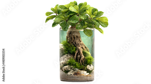 Elegant Indoor Aquatic Plant Arrangement in Glass Vase with Submerged Roots and Greenery