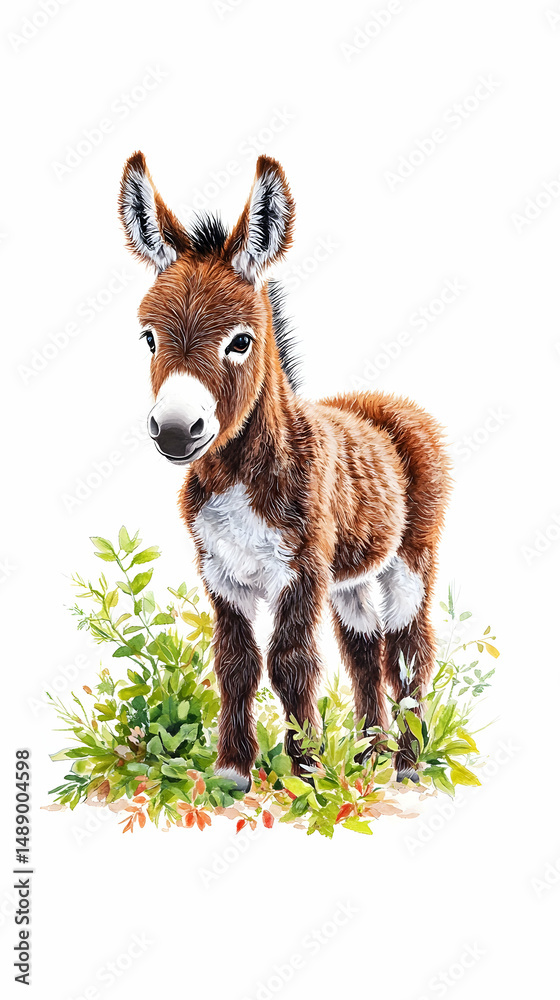 Obraz premium A charming, chestnut miniature donkey foal stands amidst lush green foliage, its dark eyes and soft fur depicted in exquisite detail against a stark white background