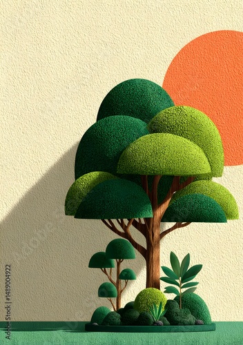 Serene Arboreal Scene: A meticulously rendered illustration presents a stylized tree, bathed in the warm glow of a setting sun, a visual ode to nature's tranquil beauty.