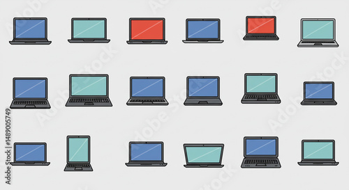A colorful array of laptops representing the digital diversity of modern technology flat design with