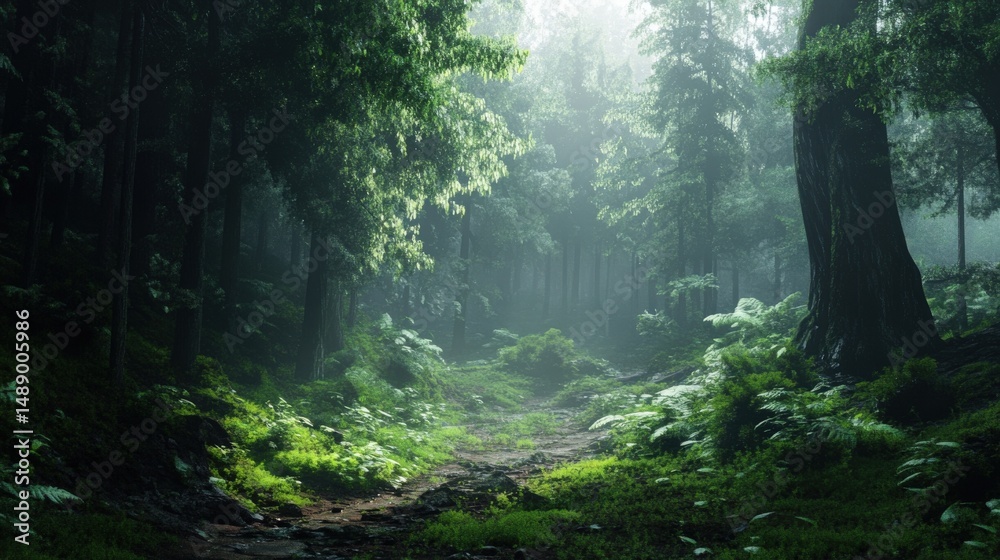 Fototapeta premium Misty forest path through lush greenery.