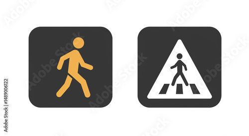 Pedestrian safety illustrated by walking signal and crosswalk sign Simple graphic icons on black