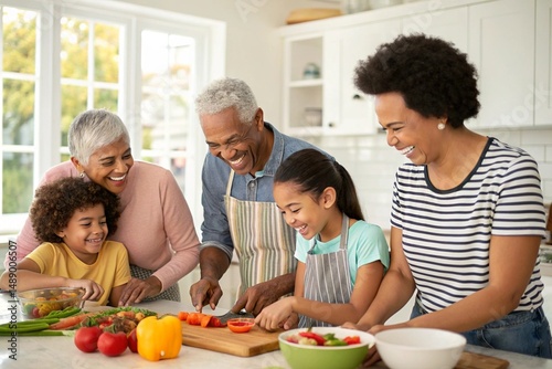 Multi Generational Family Cooking Together, Joyful Kitchen Moment with Fresh Vegetables