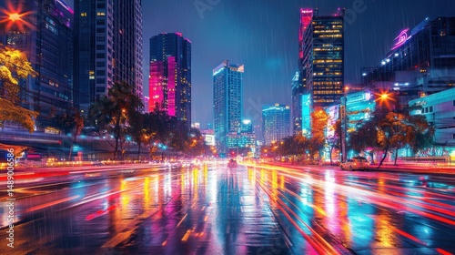 Vibrant cityscape at night with reflective streets and dynamic light streaks