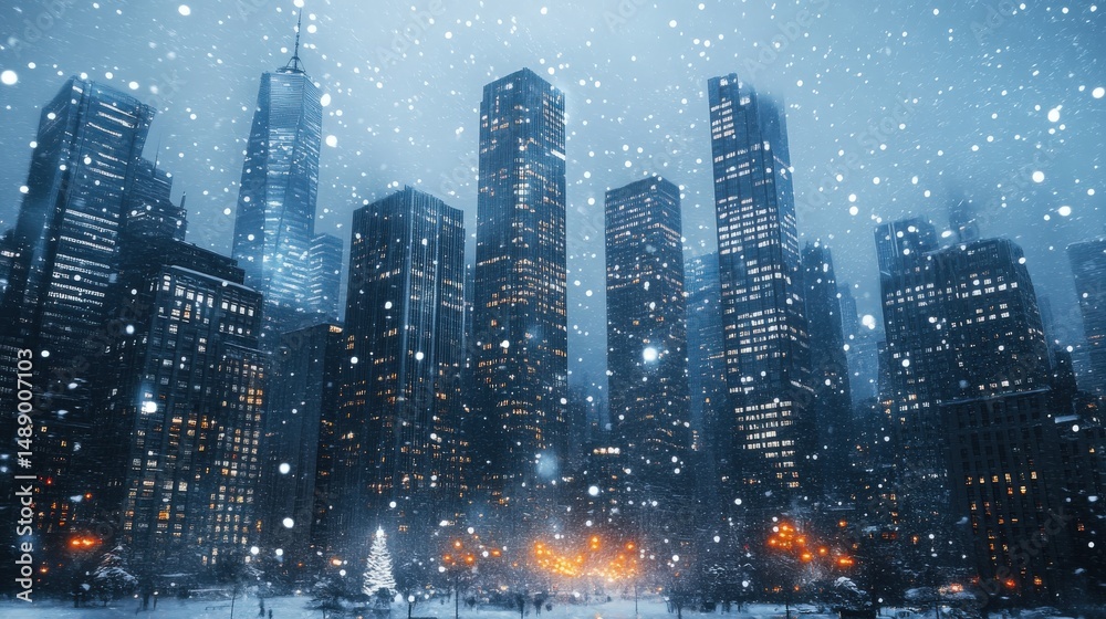 Fototapeta premium City skyline covered in snowfall at night.