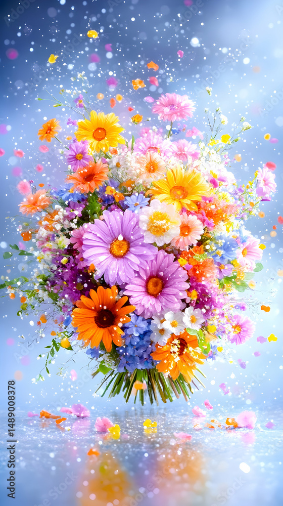 Obraz premium Vibrant bouquet of wildflowers, diverse colors and textures, scattered petals, ethereal light-blue background, subtle reflection