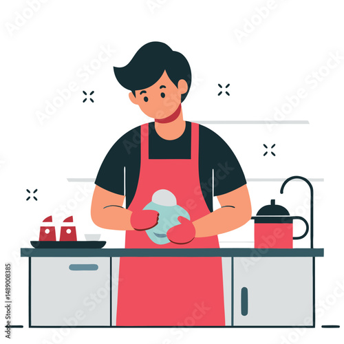 Colorful Illustration of a Person Washing Dishes with Detergent and Sponge