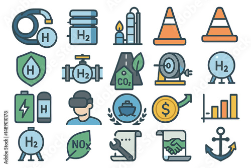 Illustrations of hydrogen technology and environmental initiatives showcasing various icons related to sustainability and innovation