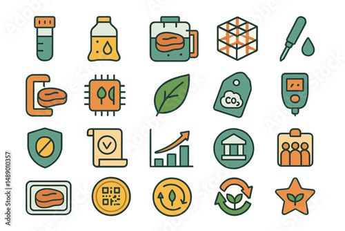 Innovative icons representing technology, environment, and analysis in a modern design showcasing various tools and symbols