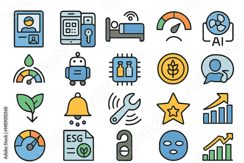 Various icons representing technology, health, and sustainability concepts in a vibrant infographic collection