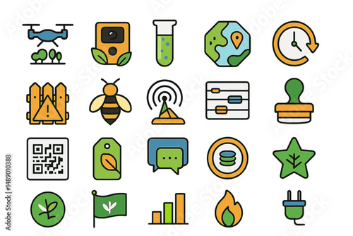 Icons representing various aspects of technology, nature, and sustainability in a colorful arrangement on a light background
