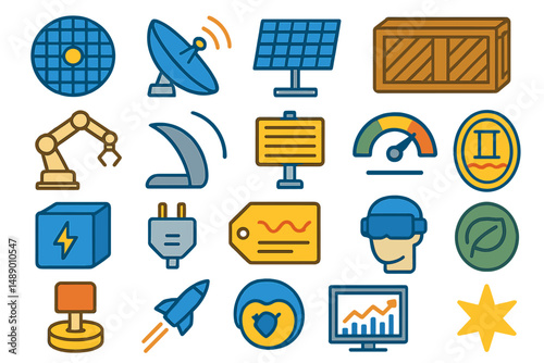 Technology icons representing renewable energy, robotics, and digital advancements for educational purposes