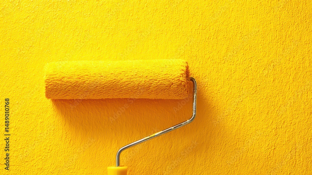 Obraz premium Bright Yellow Paint Roller on Vibrant Yellow Wall Canvas for Home Renovation and Interior Design Projects