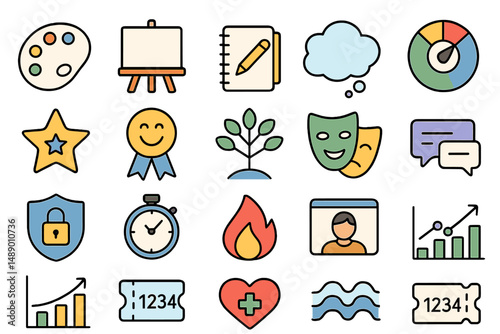 Colorful collection of creative icons showcasing art, communication, and growth concepts for modern design