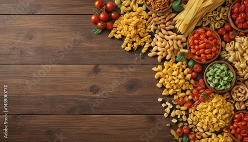 Colorful pasta arrangement, wooden backdrop  Italian culinary collage , still life, vegan, colorful