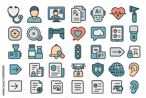 Modern digital health tools and icons representing various medical services and technologies in a healthcare setting