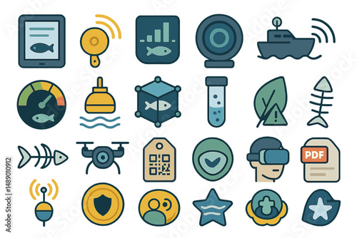 Collection of colorful icons depicting maritime technology, data analytics, and fishing activities for diverse applications