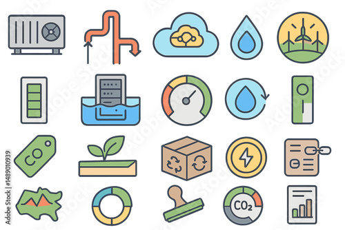 Icons depicting renewable energy technology and sustainability practices in a digital format for environmental awareness