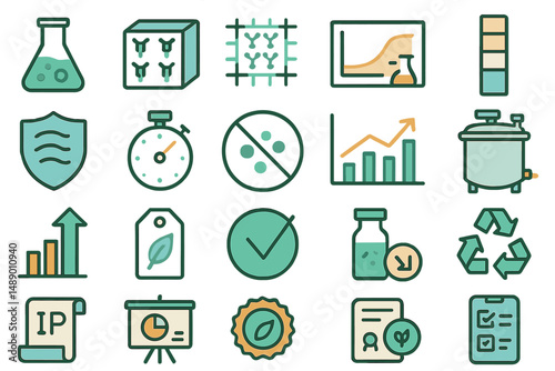 Scientific research icons represent various concepts in sustainability, data analysis, and safety regulations for environmental studies