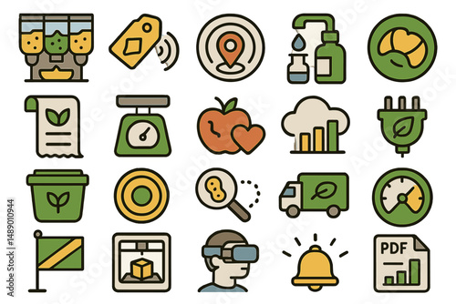 Digital icons representing sustainability, health, and technology in a modern design