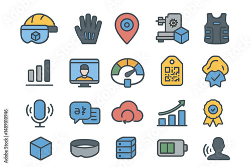 Icons representing various technology and training elements for workplace safety and efficiency in an industrial setting