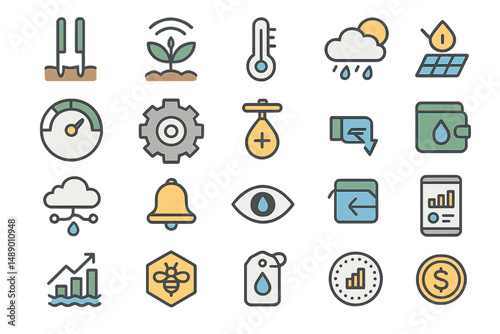 Various icons representing environmental monitoring and agricultural technology in a clear layout