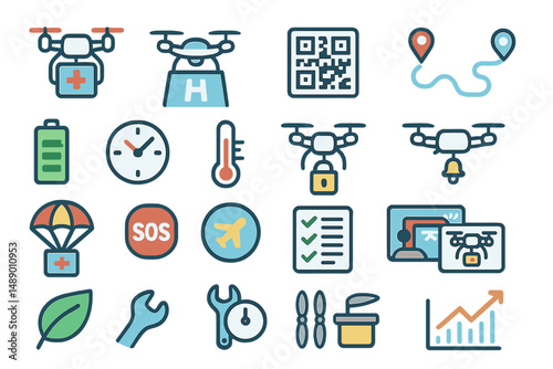 Collection of icons representing drone technology in various applications for logistics and healthcare