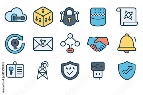 Collection of colorful icons representing cybersecurity, data protection, and blockchain technology concepts