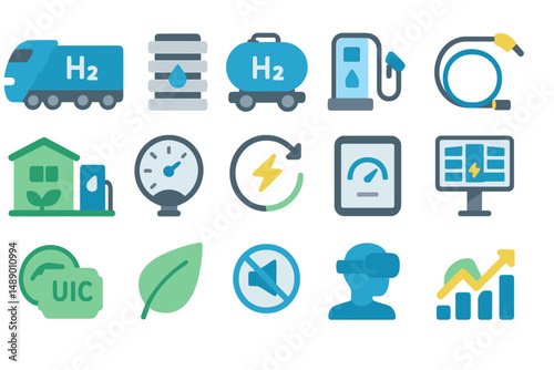 Various symbols representing hydrogen energy technologies and their applications for sustainable future development