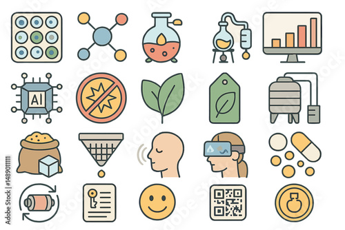 Exploring innovation in science with various icons representing technology, research, and health
