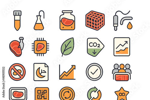 Illustrative icons representing various scientific concepts and activities related to food and sustainability